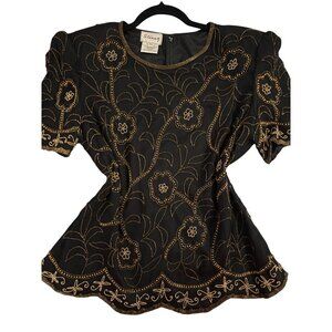 Vintage Sténay Black & Gold Silk Beaded Blouse XL